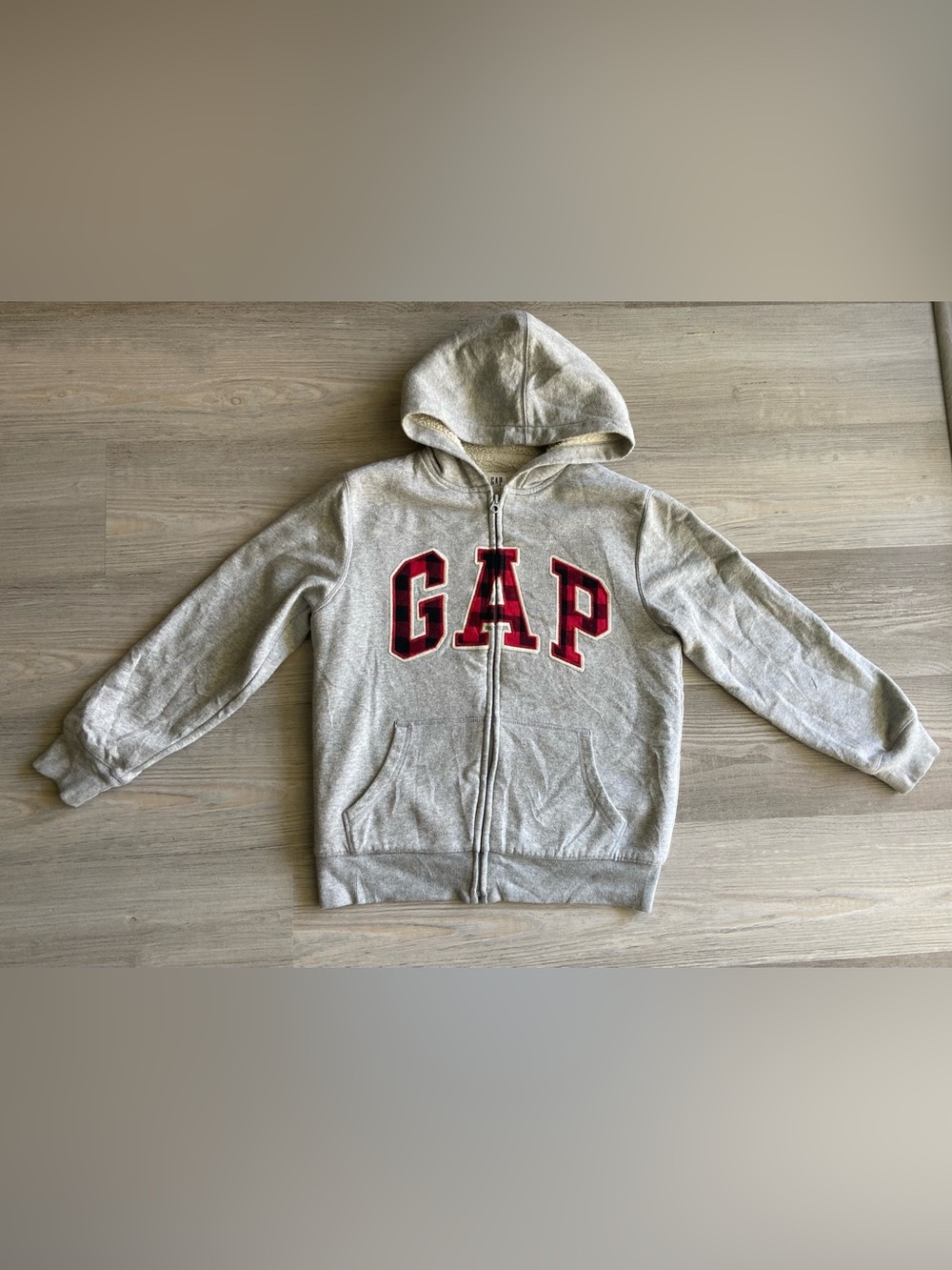 GAP Kids Gray Sherpa FZ Cozy Logo Plaid Hoodie XL
